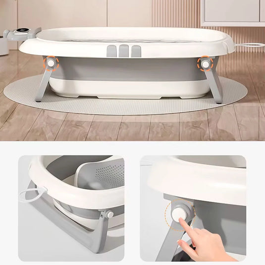 Bañera plegable con corona termómetro para bebé, tina espaciosa para la hora del baño, con antideslizante dentro, de plegado compacto en 2 pasos para guardar en espacios reducidos