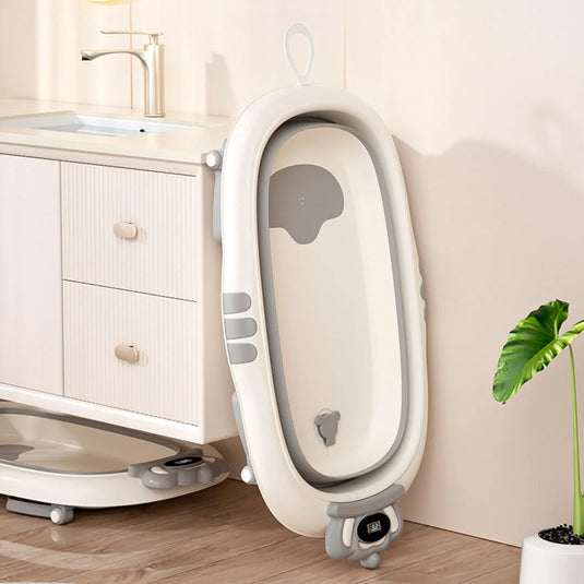 Bañera plegable con corona termómetro para bebé, tina espaciosa para la hora del baño, con antideslizante dentro, de plegado compacto en 2 pasos para guardar en espacios reducidos