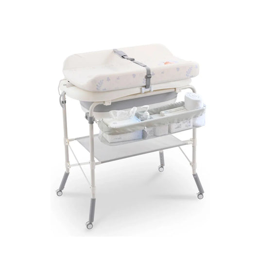 Bañera con soporte estable de cuatro puntos para recién nacido, con organizador, cambiador y base de almacenamiento