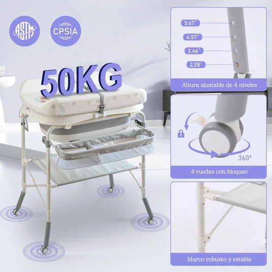 Bañera con soporte estable de cuatro puntos para recién nacido, con organizador, cambiador y base de almacenamiento