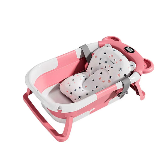 Bañera orejitas de oso con sistema de plegado y almohadilla, con termómetro incluido, almohadilla ajustable a la bañera, sistema de plegado solo de las patas o la bañera completa en tres partes, tapón de desagüe, patas antideslizantes