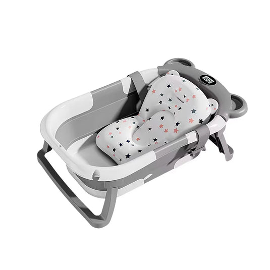 Bañera orejitas de oso con sistema de plegado y almohadilla, con termómetro incluido, almohadilla ajustable a la bañera, sistema de plegado solo de las patas o la bañera completa en tres partes, tapón de desagüe, patas antideslizantes