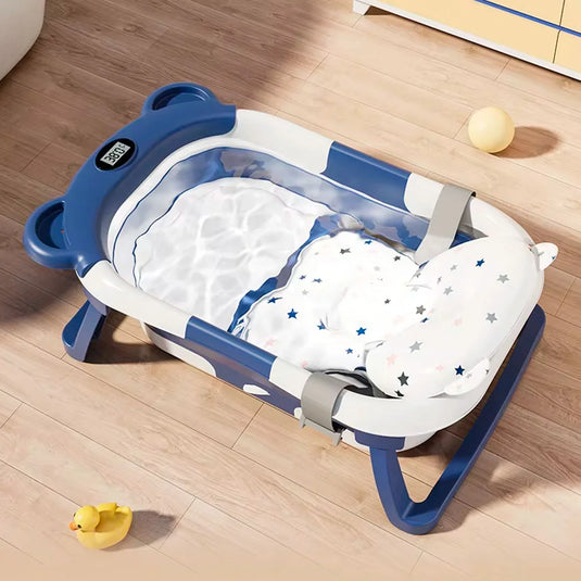 Bañera orejitas de oso con sistema de plegado y almohadilla, con termómetro incluido, almohadilla ajustable a la bañera, sistema de plegado solo de las patas o la bañera completa en tres partes, tapón de desagüe, patas antideslizantes