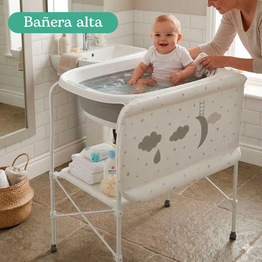 Bañera alta con sistema de plegado, canasta y cambiador