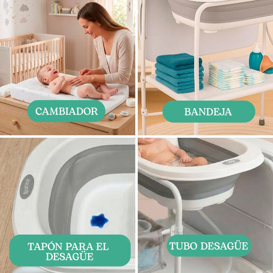 Bañera alta con sistema de plegado, canasta y cambiador