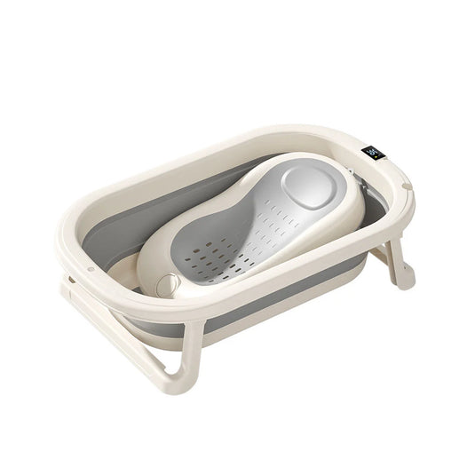 Bañera plegable con soporte + 3 accesorios, termómetro incluido en la bañera, sistema de plegado de bañera y soporte para ahorrar espacio, balde plegable, soporte interior para facilitar el baño