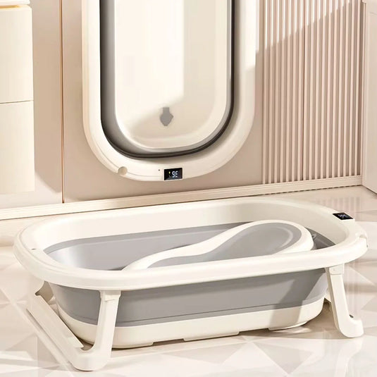 Bañera plegable con soporte + 3 accesorios, termómetro incluido en la bañera, sistema de plegado de bañera y soporte para ahorrar espacio, balde plegable, soporte interior para facilitar el baño