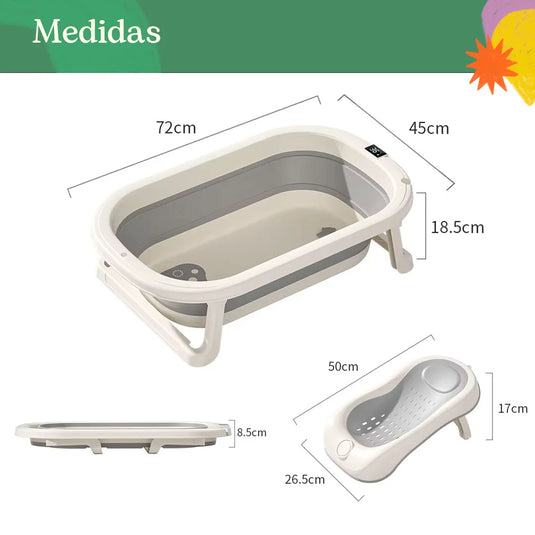 Bañera plegable con soporte + 3 accesorios, termómetro incluido en la bañera, sistema de plegado de bañera y soporte para ahorrar espacio, balde plegable, soporte interior para facilitar el baño