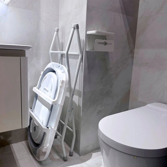 Bañera plegable con soporte + 3 accesorios, termómetro incluido en la bañera, sistema de plegado de bañera y soporte para ahorrar espacio, balde plegable, soporte interior para facilitar el baño