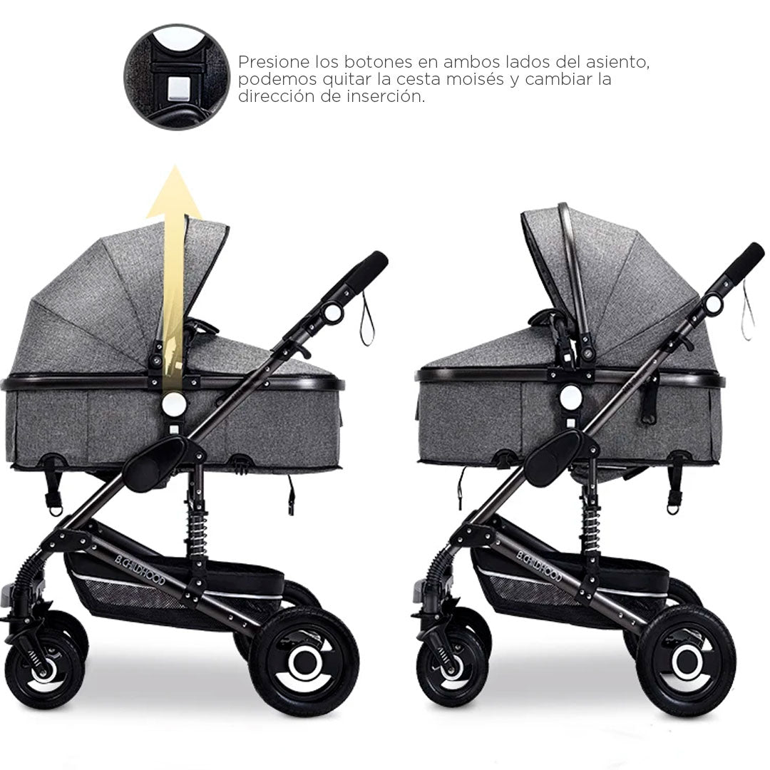 Coche Europeo B.CHILDHOOD 3 en 1 con portabebés, ajustable a paseador, con freno de llantas y  portabebés adaptable a la estructura del coche