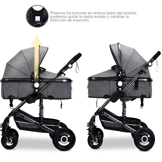 Coche Europeo B.CHILDHOOD 3 en 1 con portabebés, ajustable a paseador, con freno de llantas y  portabebés adaptable a la estructura del coche