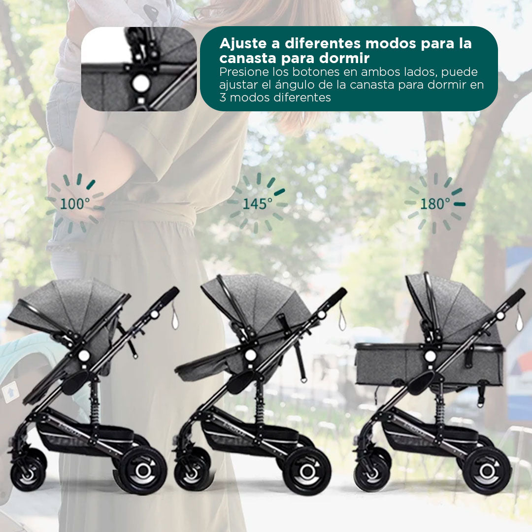 Coche Europeo B.CHILDHOOD 3 en 1 con portabebés, ajustable a paseador, con freno de llantas y  portabebés adaptable a la estructura del coche