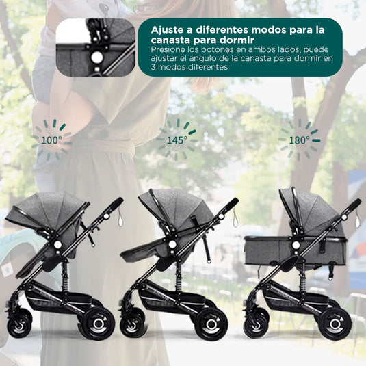 Coche Europeo B.CHILDHOOD 3 en 1 con portabebés, ajustable a paseador, con freno de llantas y  portabebés adaptable a la estructura del coche