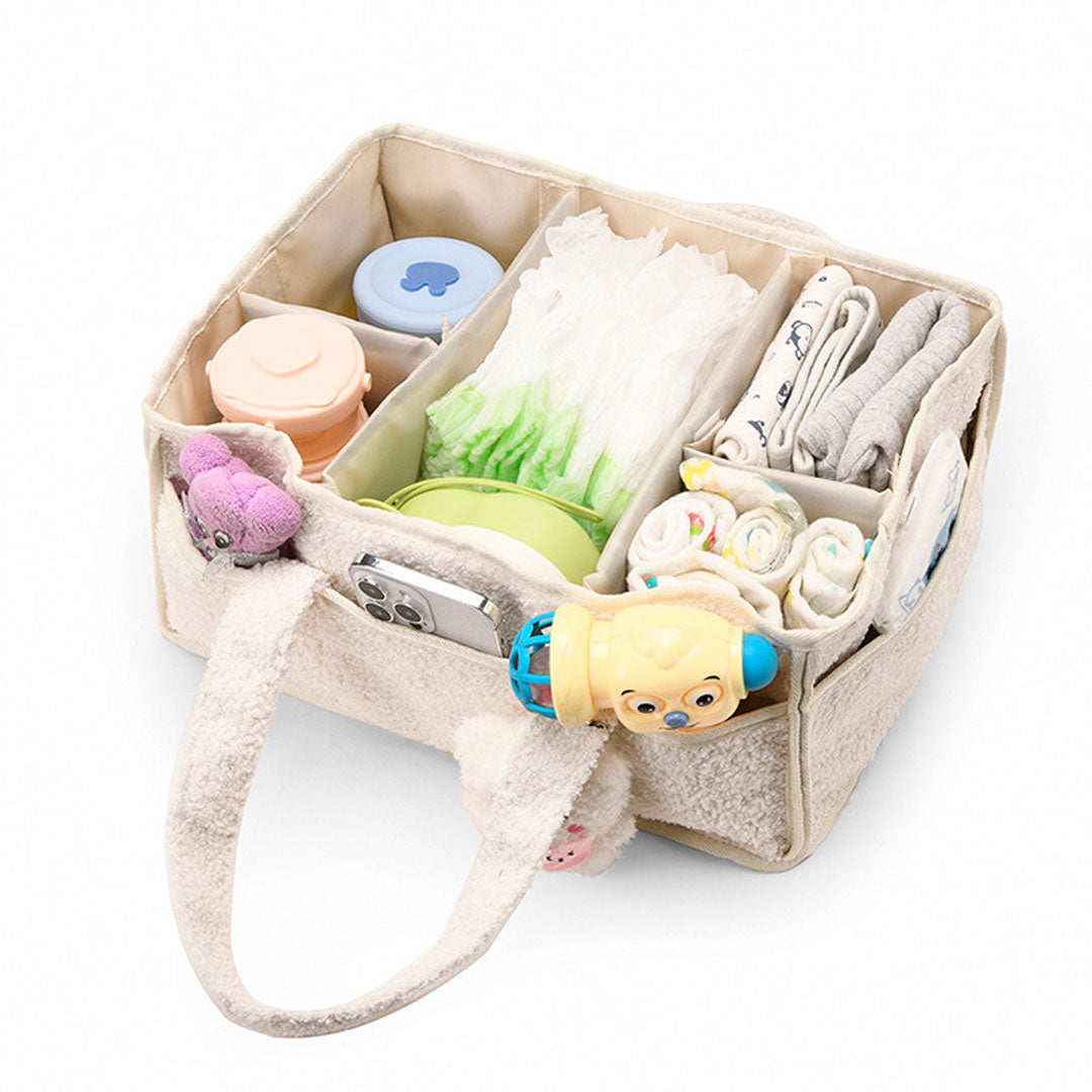 Bolso organizador de pañales para bebé, con compartimientos separados, asas para agarre fácil, hecho en felpa, ideal para diversos artículos del bebé