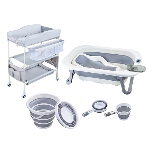 Bañera plegable para bebé 6 en 1 con patas, tapón termosensible, soporte para recién nacido y accesorios completos, plegado de 6.5cm, material PP y TPE libre de tóxicos