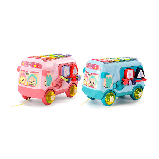 Bus xilófono didáctico multiactividades, con piezas para encaje de diferentes formas y colores, con ruedas sonajeros, hecho en material resistente