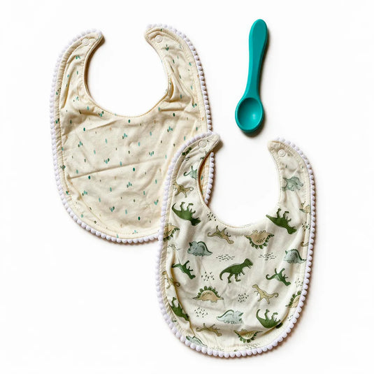 Set de 2 baberos con cuchara para bebé, algodón con bordes de pompones