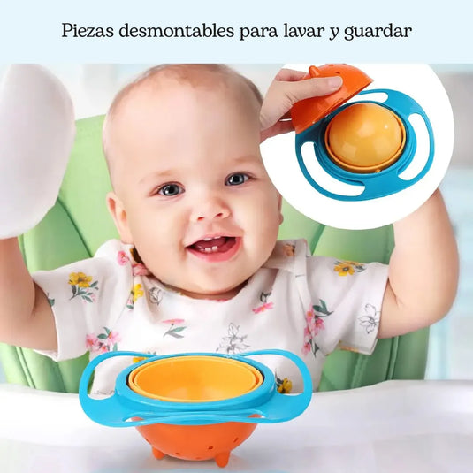 Bowl giratorio antiderrames 360° para snacks, con tapa y asas ergonómicas, diseño tipo Saturno, libre de BPA