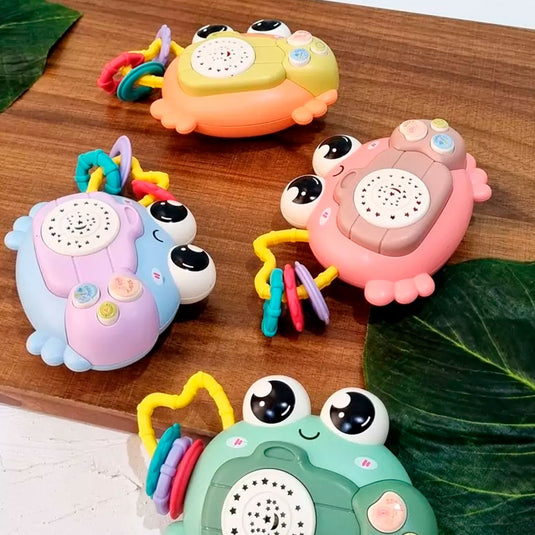 Cámara de cangrejo con proyector, sonajero interactivo con melodías, con rascaencias de silicona suave, material resistente a caídas