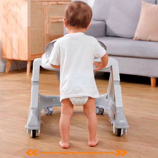 Caminador con centro de entretenimiento para bebé, adaptable a andadera, con diferentes ajustes de altura y posición del sillín, de fácil ensamblado con freno de llantas