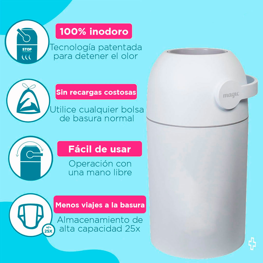 Caneca para pañales automática, basurero para pañales inodoro, contenedor de pañales manejo a una sola mano, papelera para pañales Magic - Premium Baby