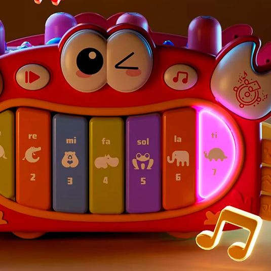 Cubo de diseño Cangrejo multiactividades didáctico para bebé, juguete musical de aprendizaje, juego de martillo para golpear, de pesca con imanes, teclas con melodías y luces, espacios para encaje de figuras de colores