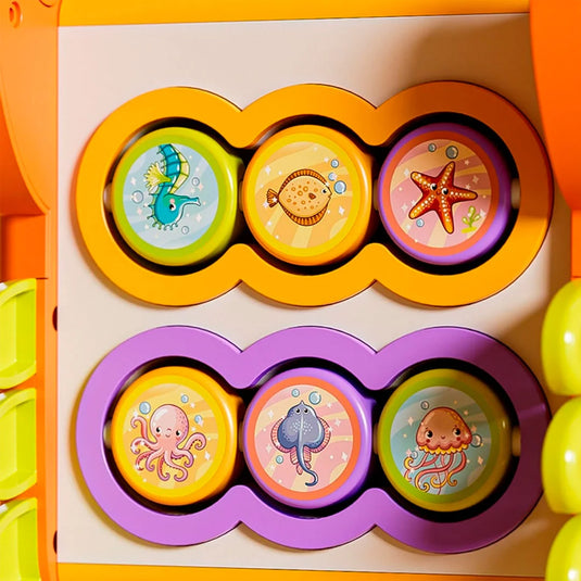 Cubo de diseño Cangrejo multiactividades didáctico para bebé, juguete musical de aprendizaje, juego de martillo para golpear, de pesca con imanes, teclas con melodías y luces, espacios para encaje de figuras de colores