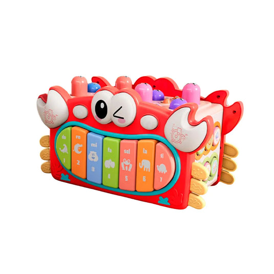 Cubo de diseño Cangrejo multiactividades didáctico para bebé, juguete musical de aprendizaje, juego de martillo para golpear, de pesca con imanes, teclas con melodías y luces, espacios para encaje de figuras de colores