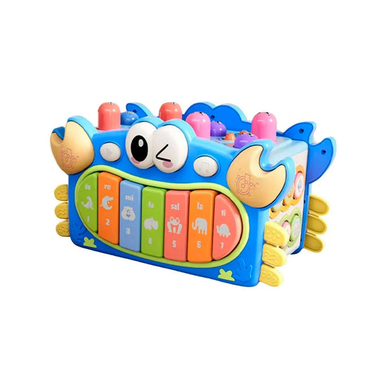 Cubo de diseño Cangrejo multiactividades didáctico para bebé, juguete musical de aprendizaje, juego de martillo para golpear, de pesca con imanes, teclas con melodías y luces, espacios para encaje de figuras de colores