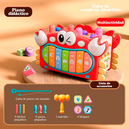 Cubo de diseño Cangrejo multiactividades didáctico para bebé, juguete musical de aprendizaje, juego de martillo para golpear, de pesca con imanes, teclas con melodías y luces, espacios para encaje de figuras de colores