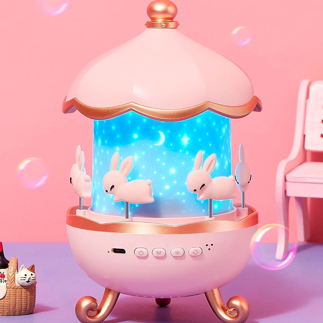 Caja de música Carrusel Didáctico con proyección, melodías suaves apara estimular el sueño, luces cambiantes, película de proyección de imágenes intercambiable, adorable diseño de carrusel de conejitos