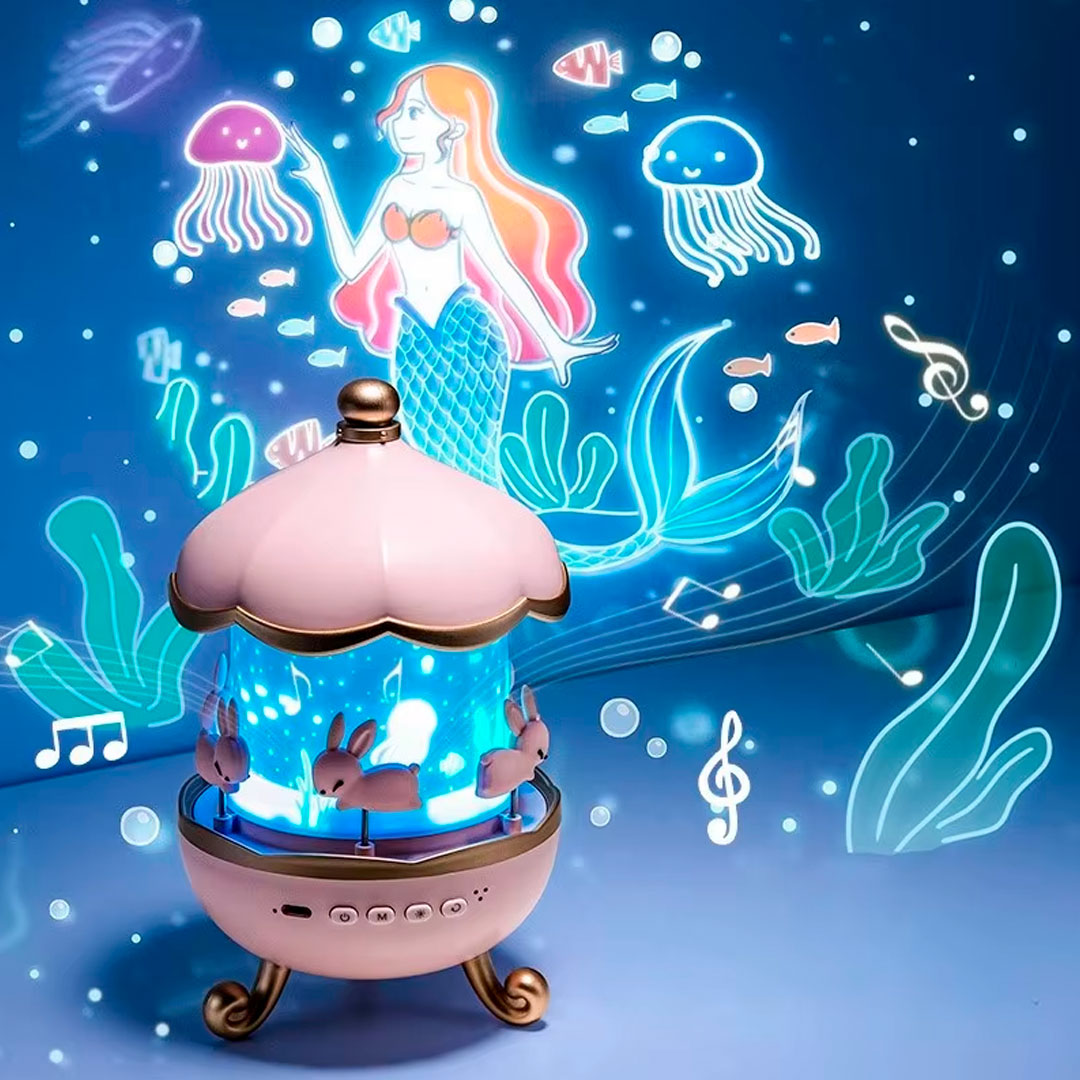 Caja de música Carrusel Didáctico con proyección, melodías suaves apara estimular el sueño, luces cambiantes, película de proyección de imágenes intercambiable, adorable diseño de carrusel de conejitos