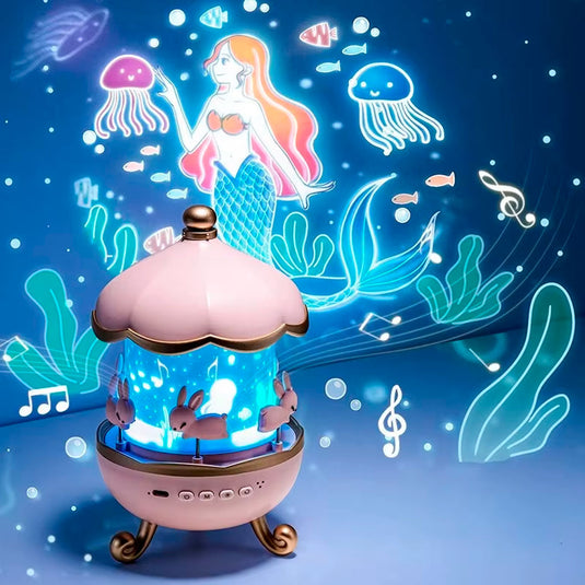 Caja de música Carrusel Didáctico con proyección, melodías suaves apara estimular el sueño, luces cambiantes, película de proyección de imágenes intercambiable, adorable diseño de carrusel de conejitos