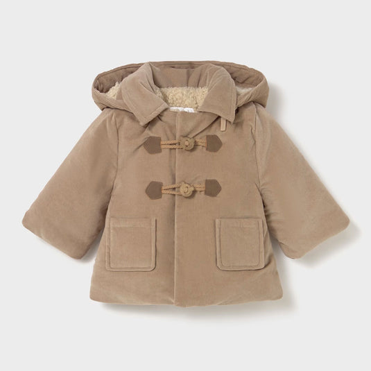 Chaqueta tipo abrigo de manga larga para recién nacido, cuello con capucha desmontable, cierre con cremallera delantera y alamares - Mayoral