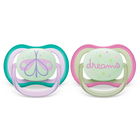 Chupas Ultra Air x2 Nighttime Dream Mariposa, libre de BPA, para niña 0 a 6 meses - Philips Avent