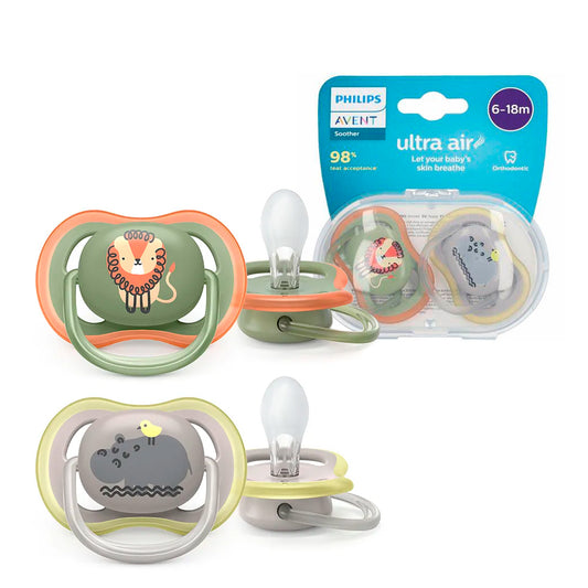 Chupa Ultra Air x2, libre de BPA, para niña de 6 a 18 meses, estampada - Philips Avent León / Hipopótamo