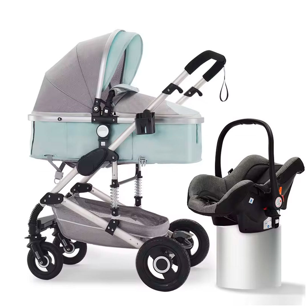 Coche Europeo B.CHILDHOOD 3 en 1 con portabebés, ajustable a paseador, con freno de llantas y  portabebés adaptable a la estructura del coche