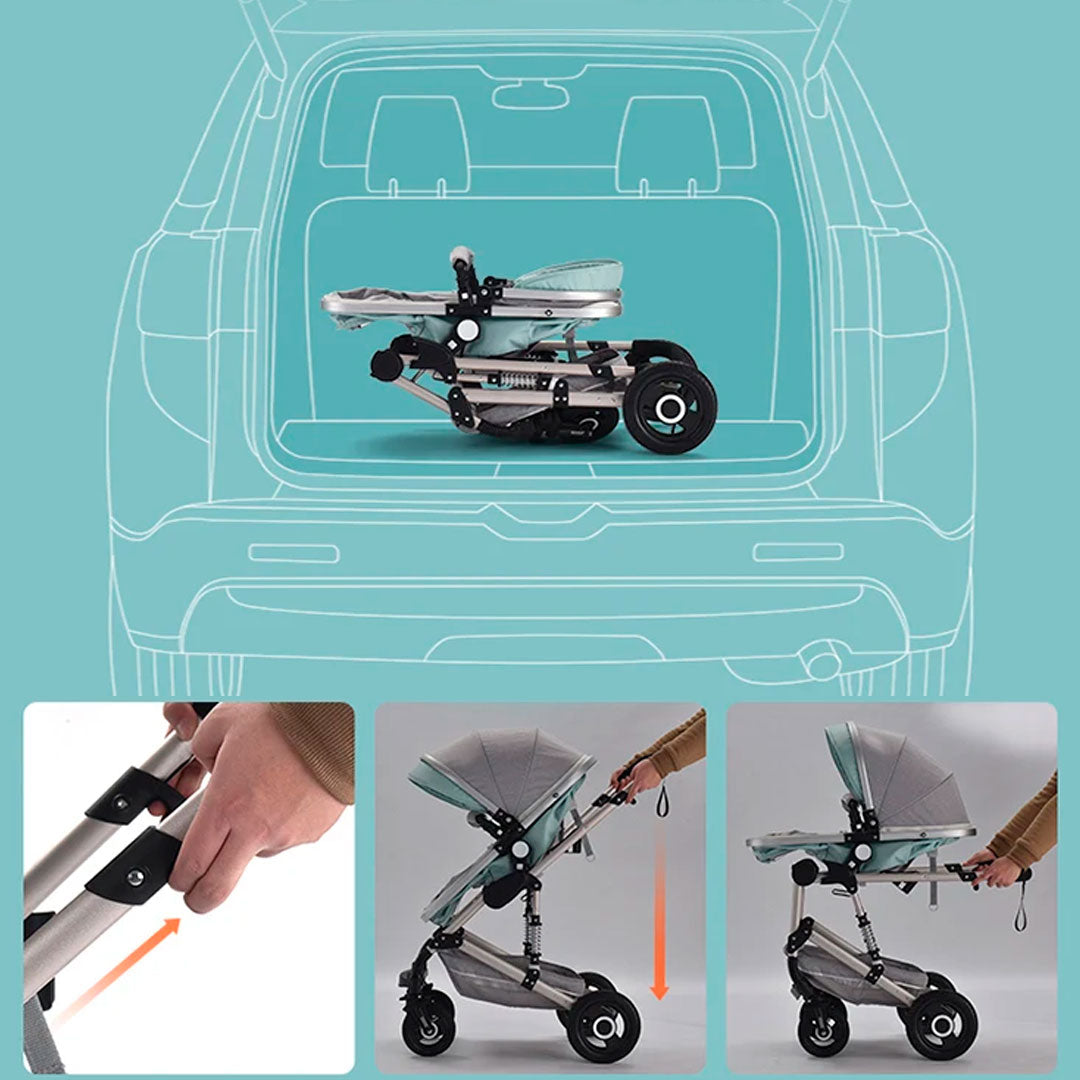 Coche Europeo B.CHILDHOOD 3 en 1 con portabebés, ajustable a paseador, con freno de llantas y  portabebés adaptable a la estructura del coche