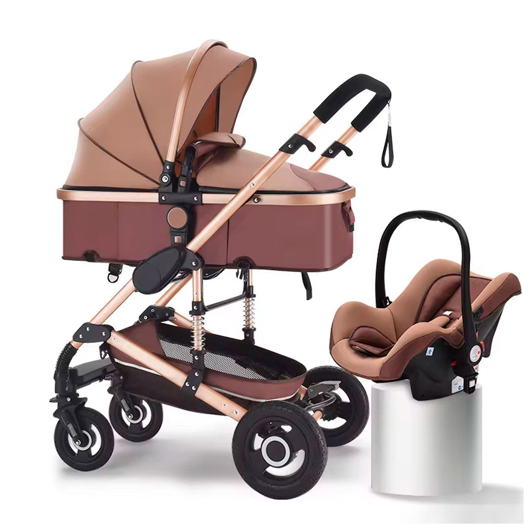 Coche Europeo B.CHILDHOOD 3 en 1 con portabebés, ajustable a paseador, con freno de llantas y  portabebés adaptable a la estructura del coche