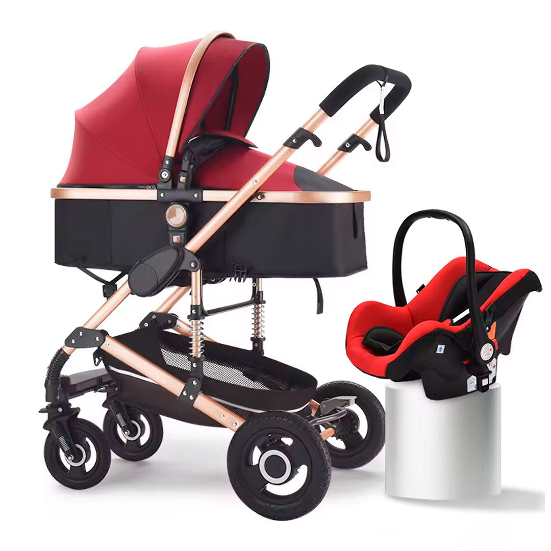 Coche Europeo B.CHILDHOOD 3 en 1 con portabebés, ajustable a paseador, con freno de llantas y  portabebés adaptable a la estructura del coche
