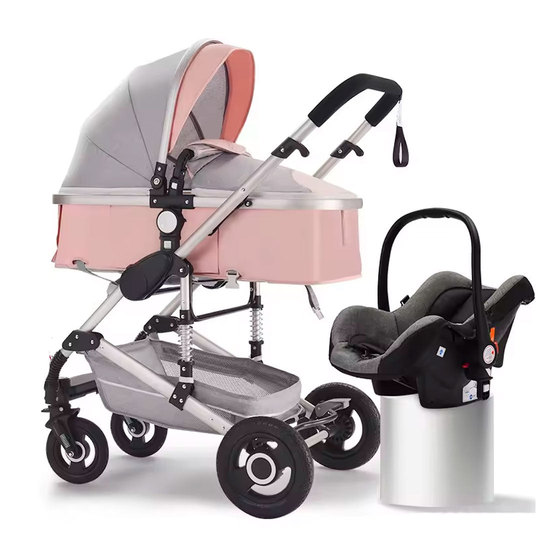 Coche Europeo B.CHILDHOOD 3 en 1 con portabebés, ajustable a paseador, con freno de llantas y  portabebés adaptable a la estructura del coche