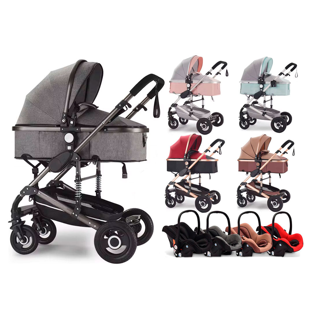 Coche Europeo B.CHILDHOOD 3 en 1 con portabebés, ajustable a paseador, con freno de llantas y  portabebés adaptable a la estructura del coche