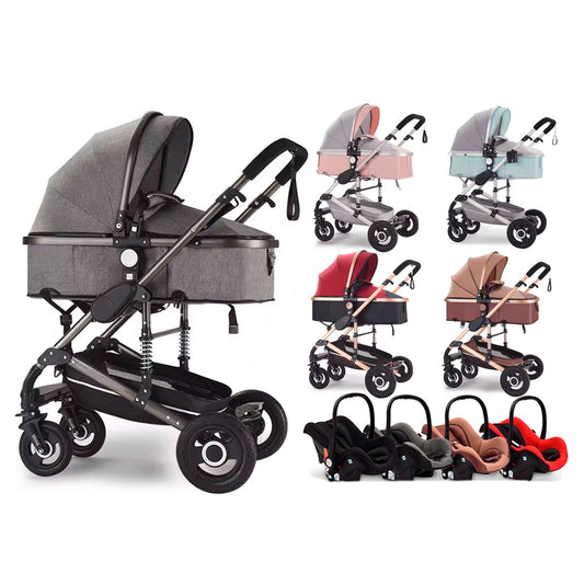 Coche Europeo B.CHILDHOOD 3 en 1 con portabebés, ajustable a paseador, con freno de llantas y  portabebés adaptable a la estructura del coche