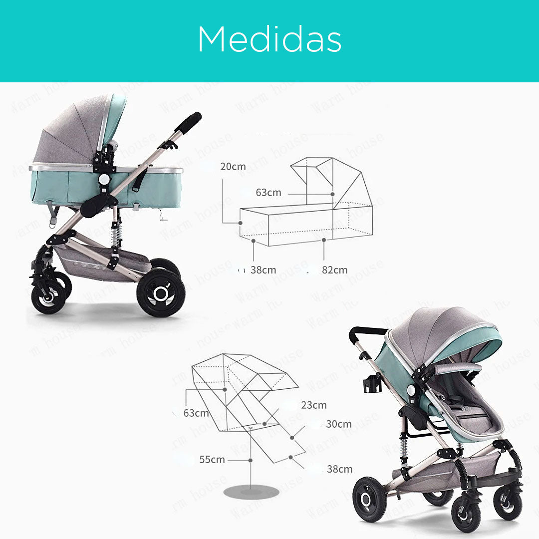 Coche Europeo B.CHILDHOOD 3 en 1 con portabebés, ajustable a paseador, con freno de llantas y  portabebés adaptable a la estructura del coche