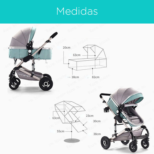 Coche Europeo B.CHILDHOOD 3 en 1 con portabebés, ajustable a paseador, con freno de llantas y  portabebés adaptable a la estructura del coche