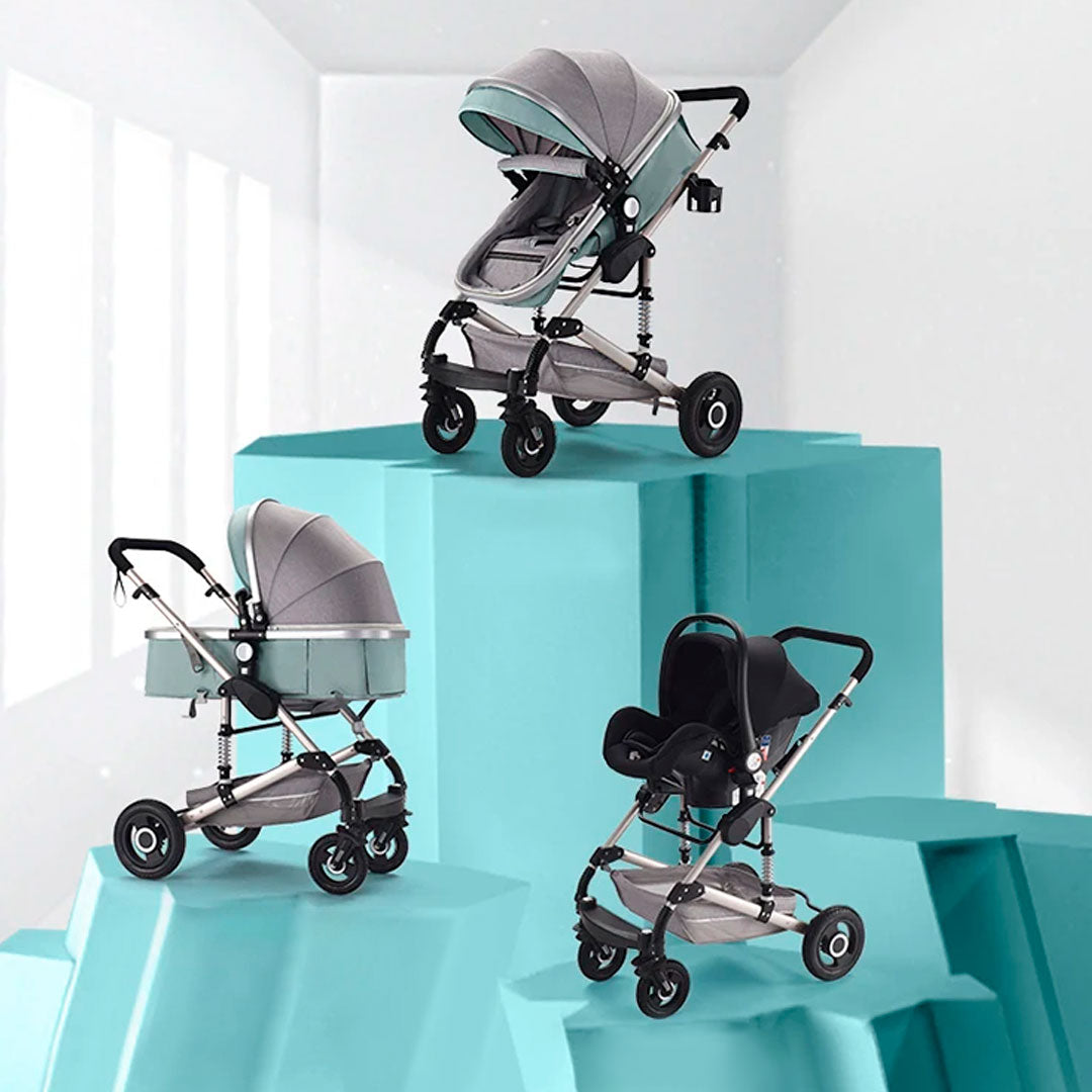Coche Europeo B.CHILDHOOD 3 en 1 con portabebés, ajustable a paseador, con freno de llantas y  portabebés adaptable a la estructura del coche