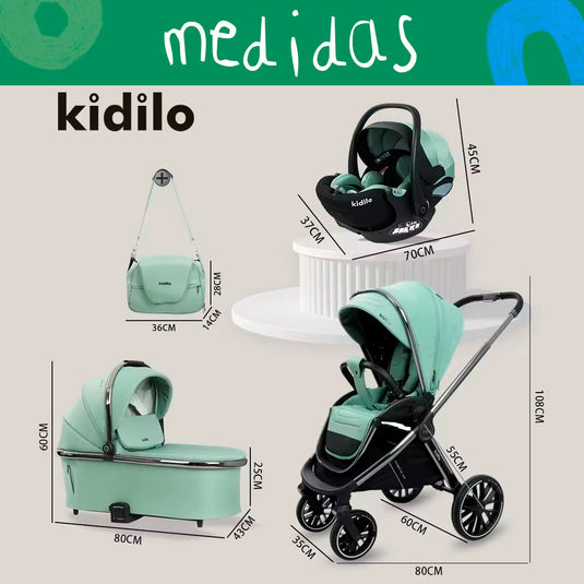 Coche moisés y paseador 3 en 1, con sistema de plegado fácil, ideal para bebés recién nacidos hasta los 4 años aprox, ajustes de reclinado y de capota cubresol - Kidilo