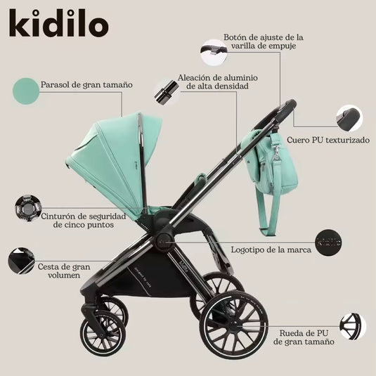 Coche moisés y paseador 3 en 1, con sistema de plegado fácil, ideal para bebés recién nacidos hasta los 4 años aprox, ajustes de reclinado y de capota cubresol - Kidilo