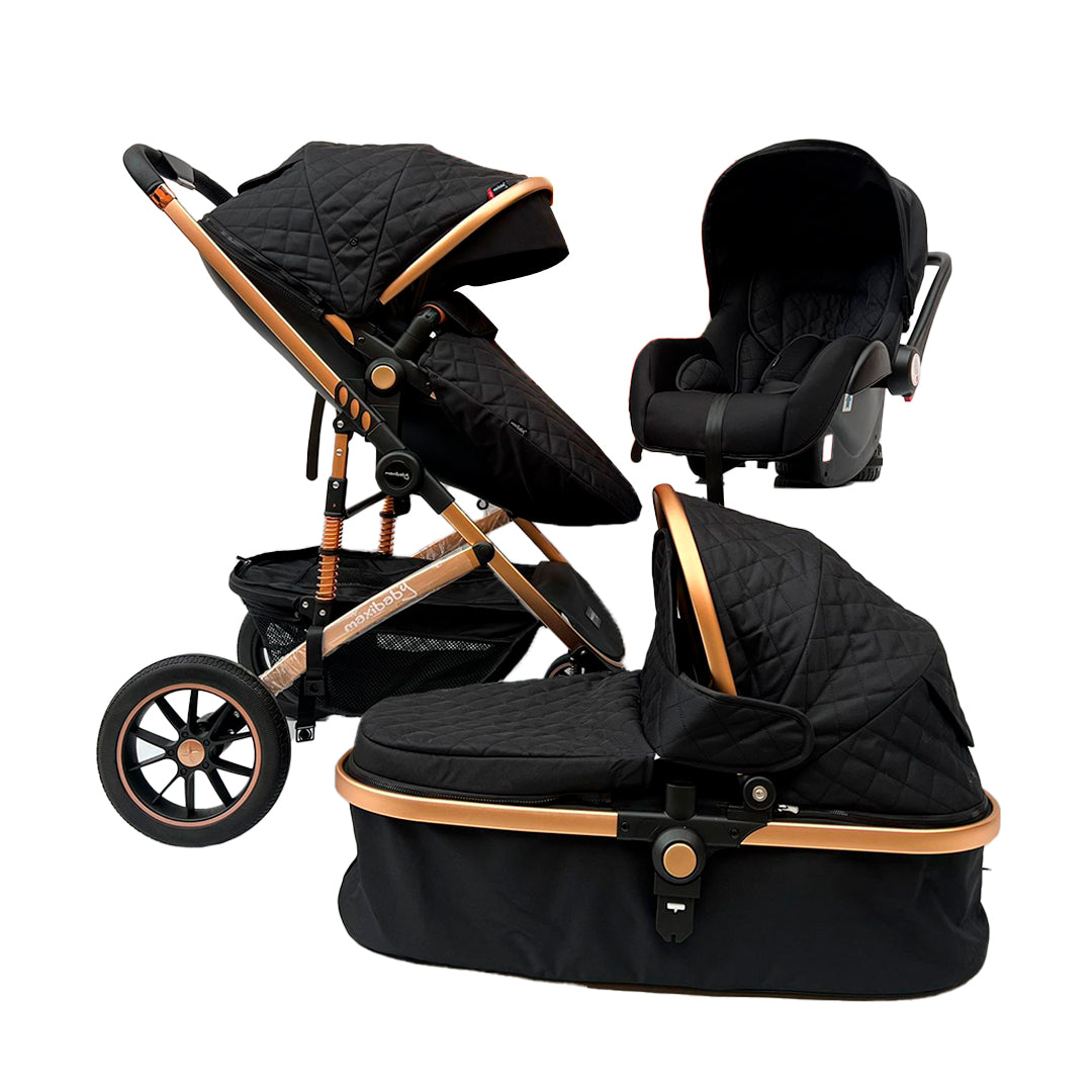 Coche europeo Luxury 3en1 Negro, con silla portabebés, paseador de huevito y moisés -  Maxibaby