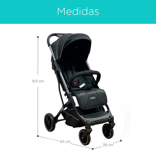 Coche paseador con plegado estilo maleta, espaldar ajustable, con freno de ruedas traseras, capota desplegable para cubrirlo del sol, y cubrepiés desmontable - Kidilo